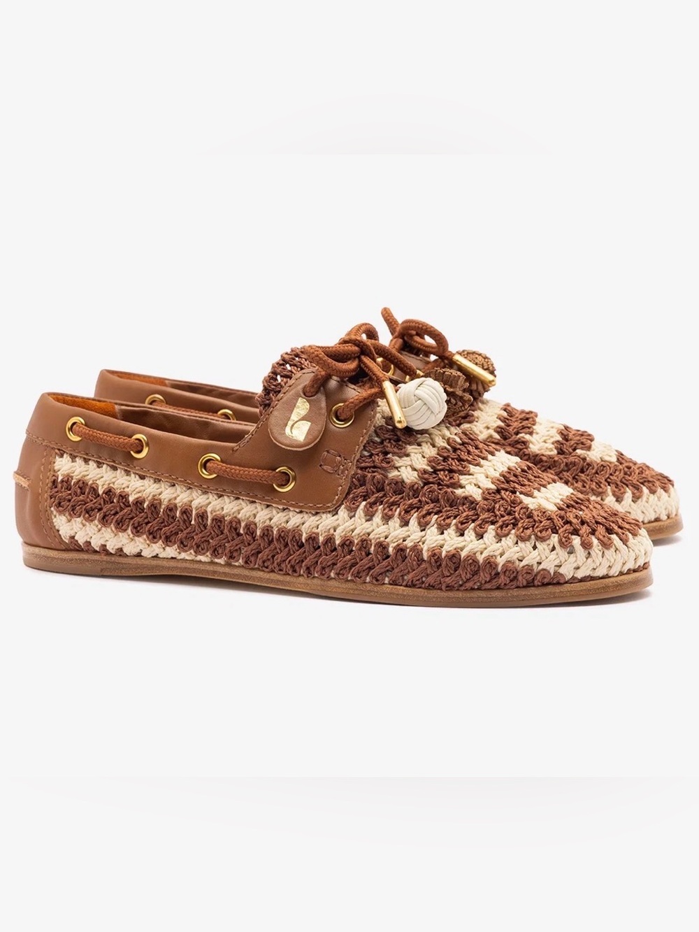 NWT Larroude Cyprus Boat Shoe Caramel and Ivory Crochet Leather size 7